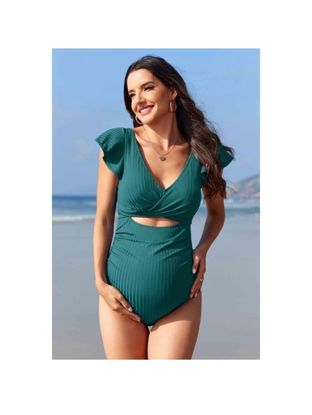 Maternity swimsuit Teal Ribbed One-Piece Swimwear with Flutter Sleeves